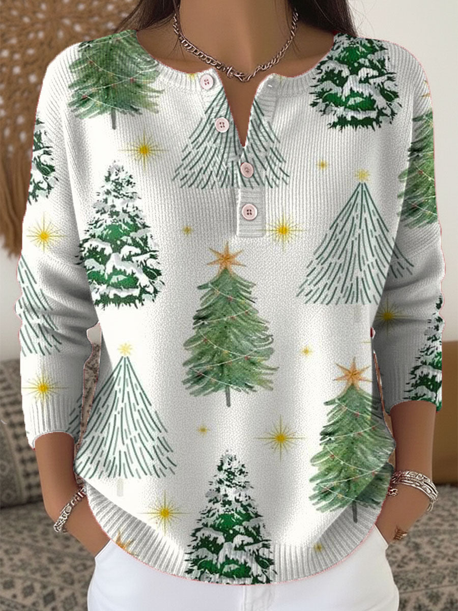 Women's Christmas Tree Art Print Buttoned Cardigan Sweater