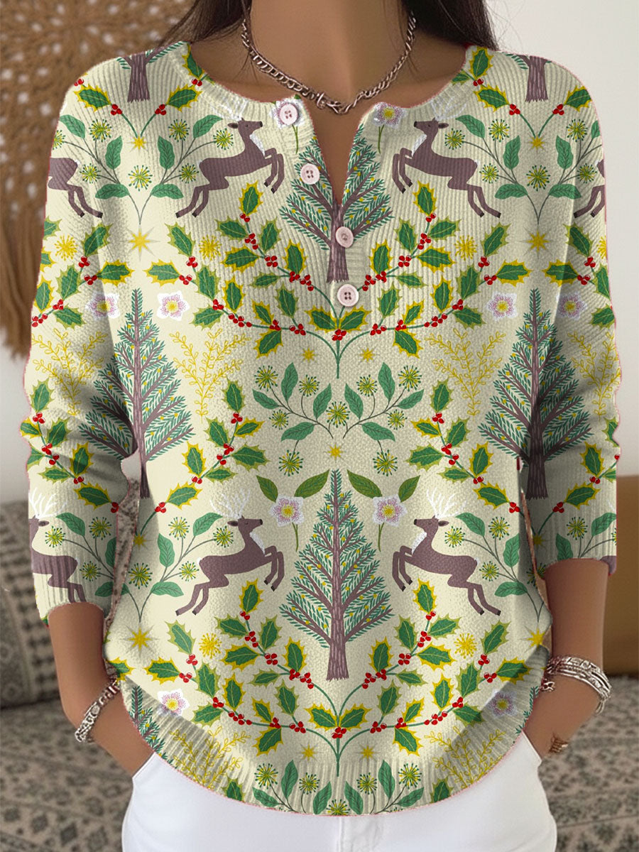 Women's Christmas Tree Deer Art Print Buttoned Cardigan Sweater