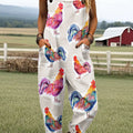 Women's Vintage Funny Farm Chicken Art Print Casual 100% Cotton Wide Leg Jumpsuit