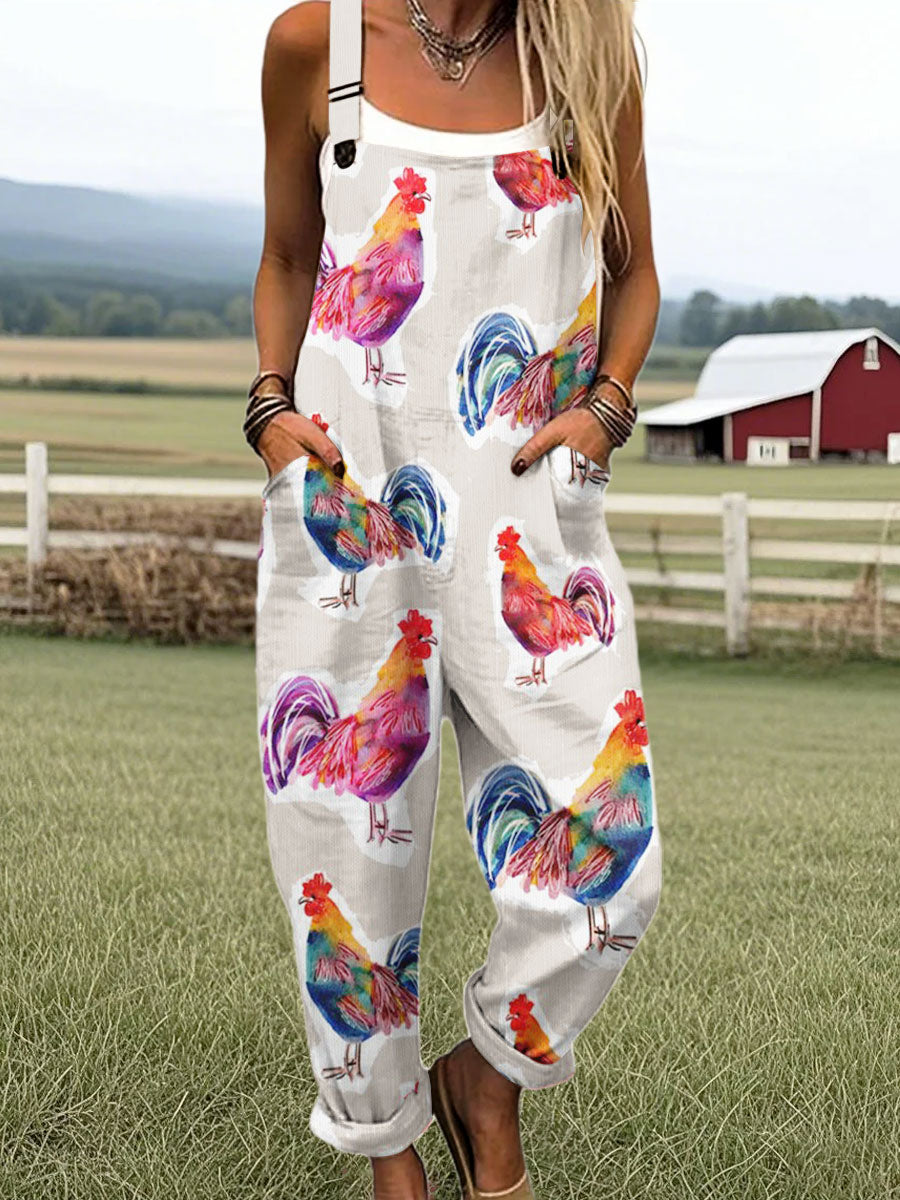 Women's Vintage Funny Farm Chicken Art Print Casual 100% Cotton Wide Leg Jumpsuit