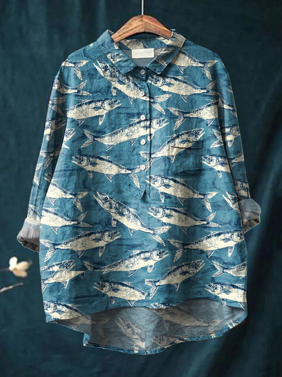 Women's Retro Fish Print Casual Cotton And Linen Shirt