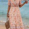 Pastoral-style V-neck Midi Dress With Ruffled Trim And Floral Print