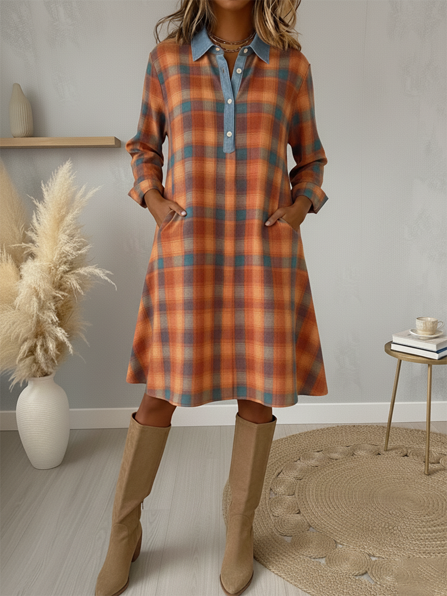 Retro Casual Denim Patchwork Plaid Print A-line Dress
