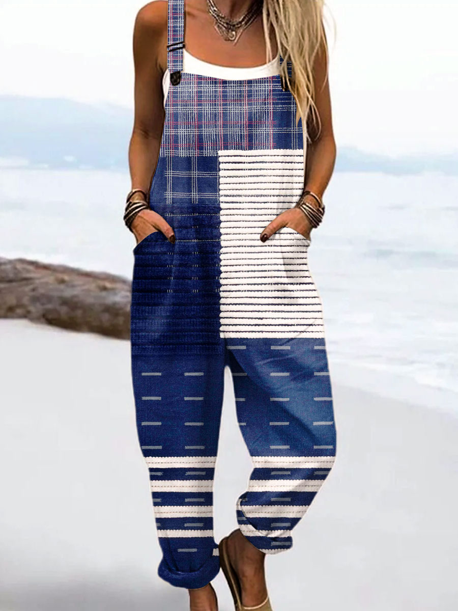 Women's Vintage Abstract Geometric Line Art Print Casual 100% Cotton Wide Leg Jumpsuit