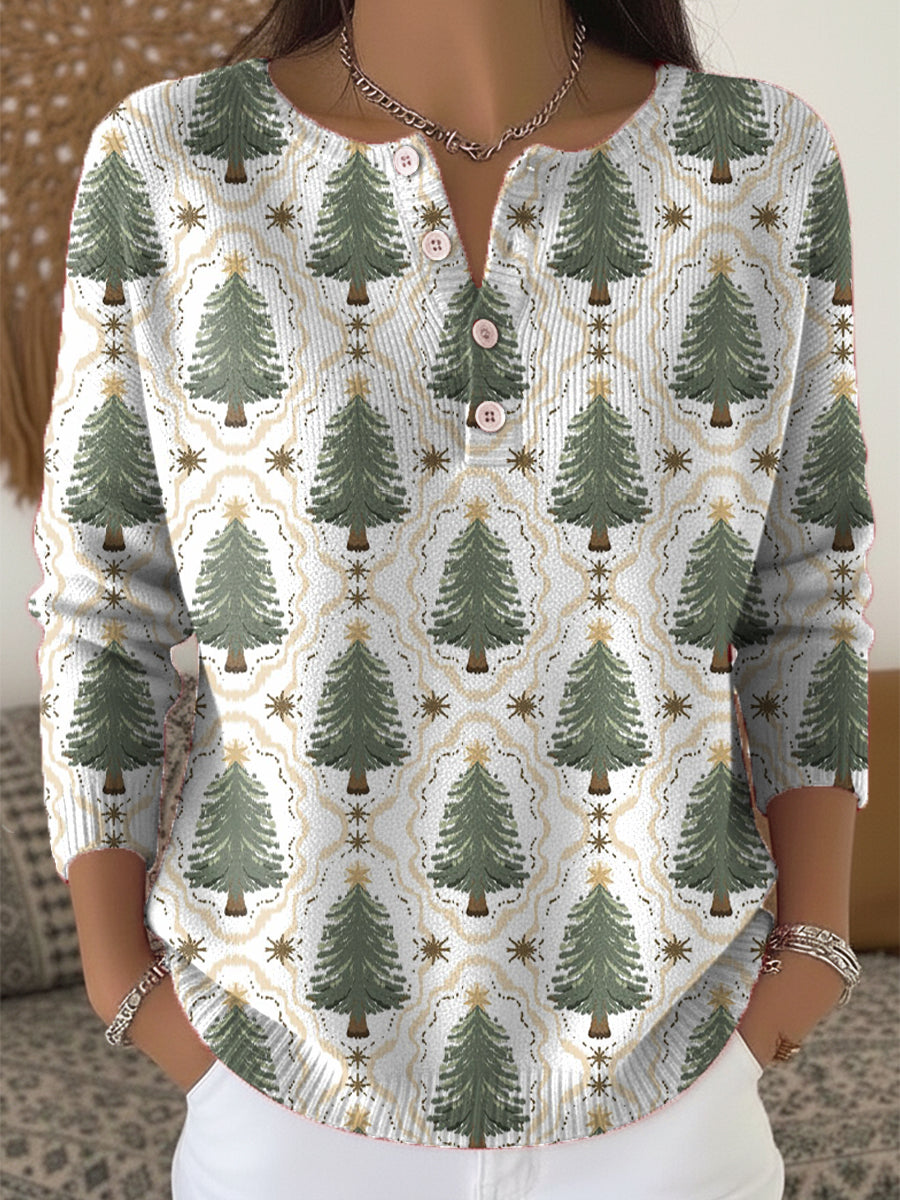 Vintage Winter Christmas Tree Painting Art Print Buttoned Cardigan Sweater