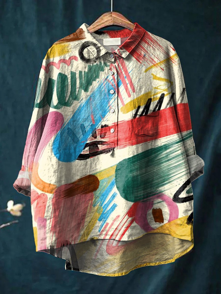 Women's Vintage Hand Painted Colorful Graffiti Print Casual Cotton And Linen Shirt