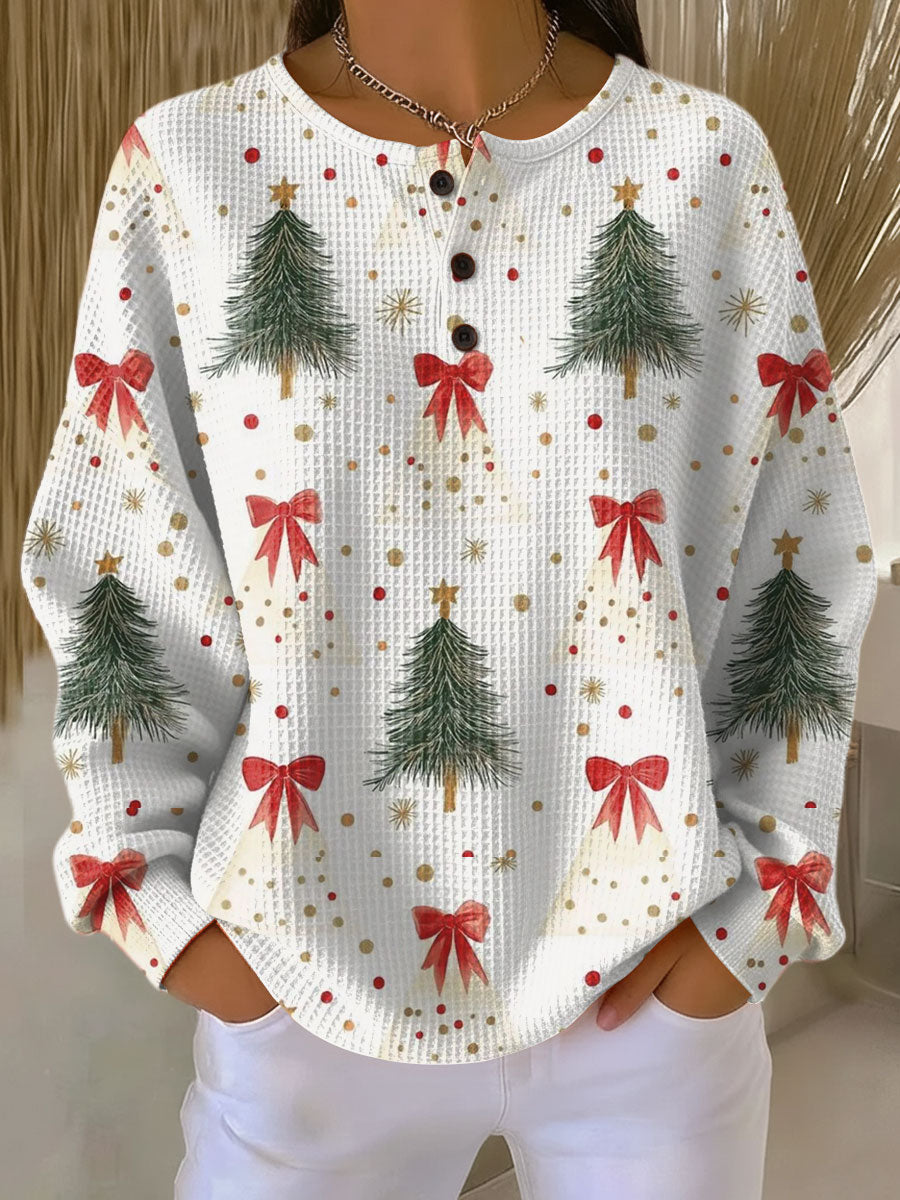 Women's Vintage Christmas Tree Art Print Casual Waffle Henry Collar Sweatshirt
