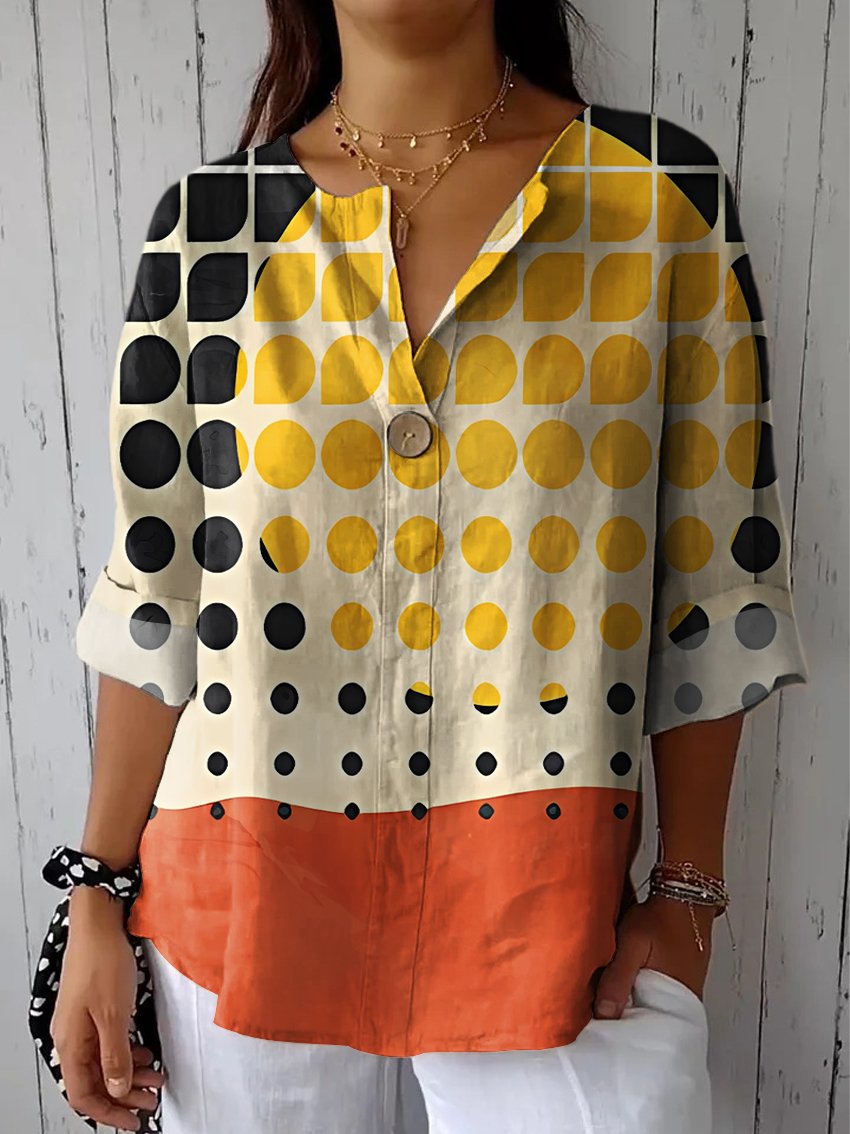 Women's Bohemian Color Block Abstract Art Casual Cotton Linen Shirt