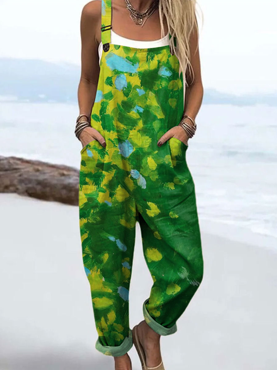 Women's Color Block Art Print Casual 100% Cotton Wide Leg Jumpsuit