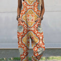 Women's  Vintage Abstract Geometric Art Print Casual 100% Cotton Wide Leg Jumpsuit