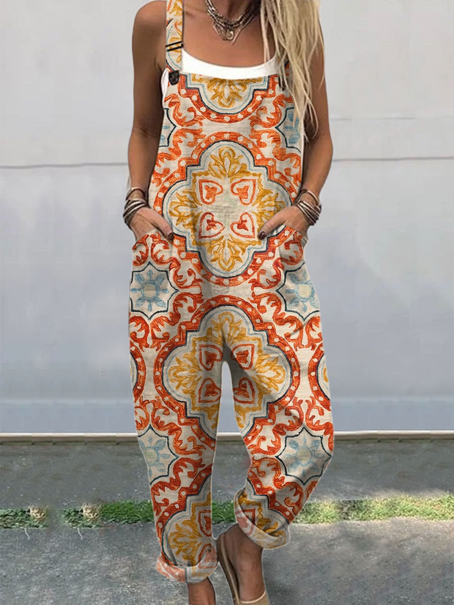 Women's  Vintage Abstract Geometric Art Print Casual 100% Cotton Wide Leg Jumpsuit