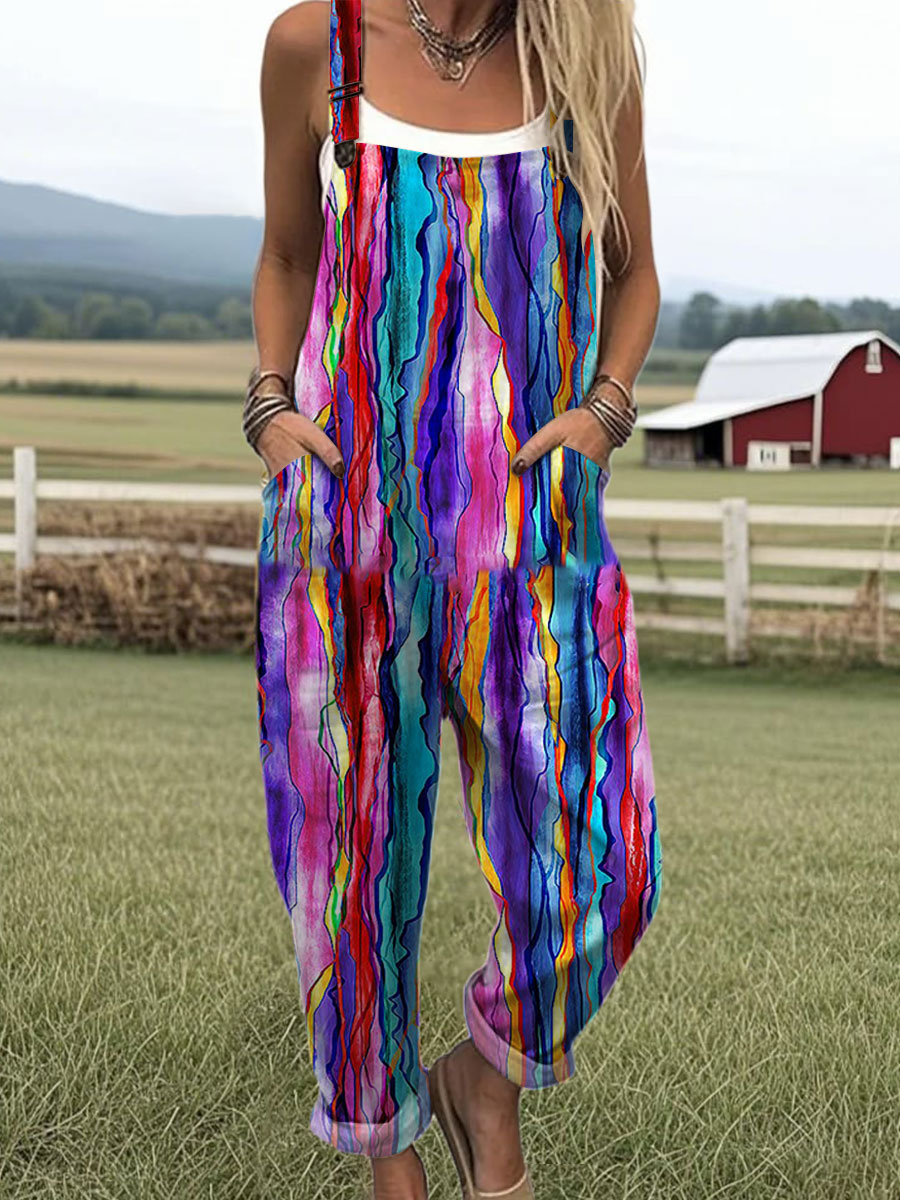 Women's Vintage Abstract Geometry Art Print Casual 100% Cotton Wide Leg Jumpsuit