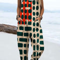 Women's Vintage Abstract Geometric Lines Art Print Casual 100% Cotton Wide Leg Jumpsuit