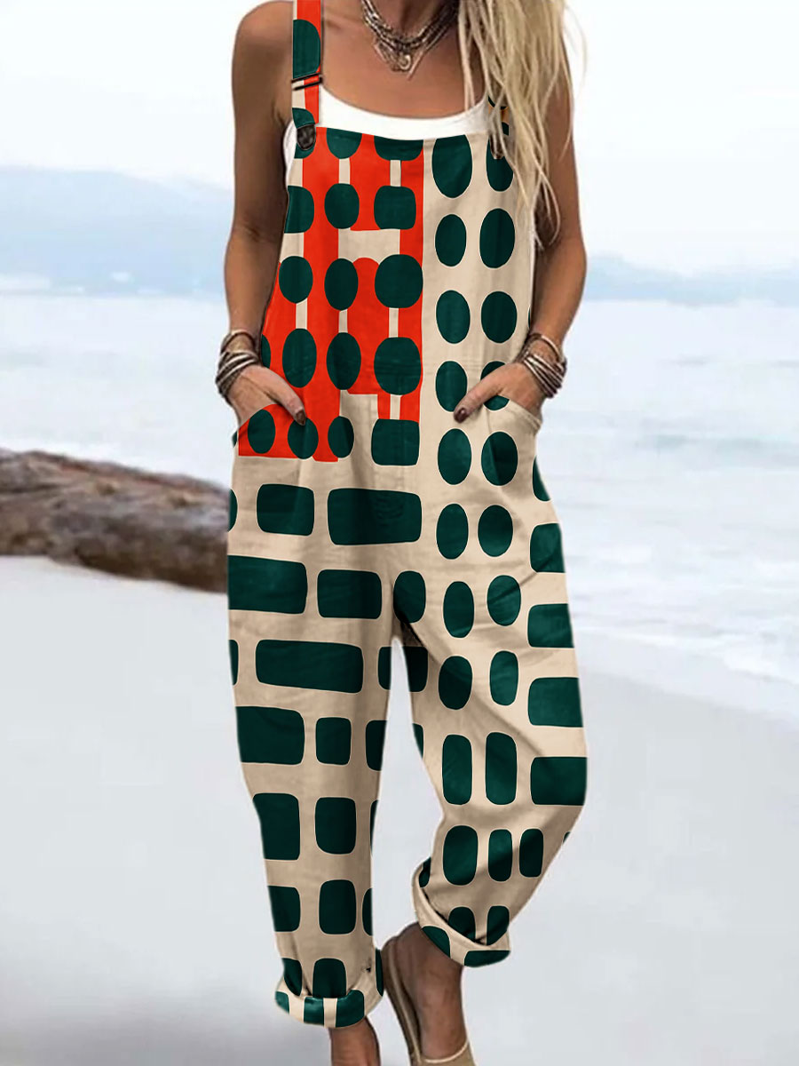 Women's Vintage Abstract Geometric Lines Art Print Casual 100% Cotton Wide Leg Jumpsuit
