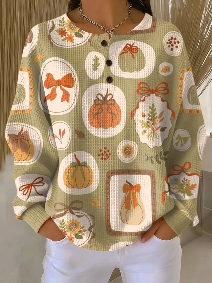 Women's Halloween Pumpkin Bow Pattern Art Print Casual Cotton Shirt