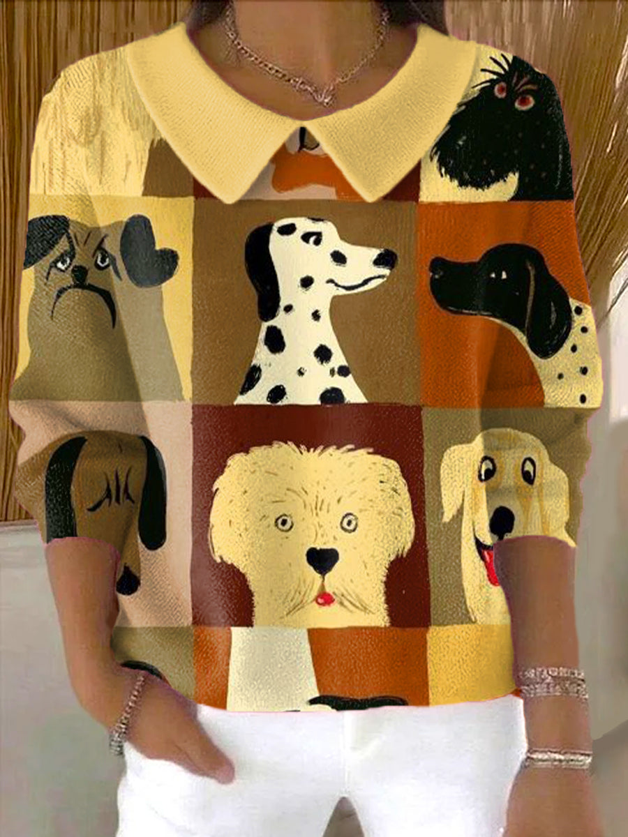 womens-cute-dog-head-plaid-painting-art-print-casual-peter-pan-collar-3-4-sleeve-sweater