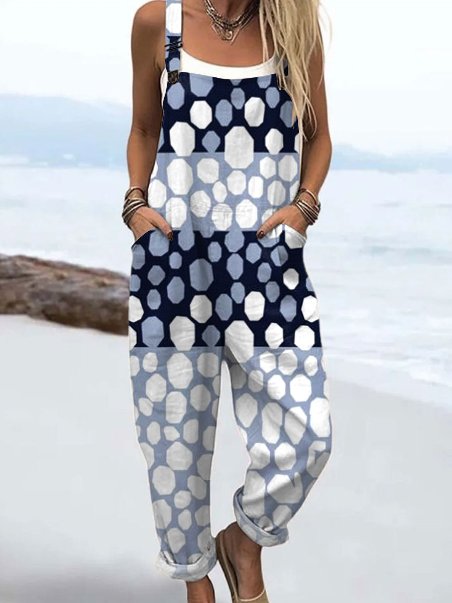 Women's Vintage Abstract Geometric Art Print Casual 100% Cotton Wide Leg Jumpsuit