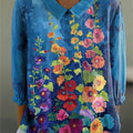 Women's Flower Colors Floral Pattern Print Casual Cotton And Linen 3/4 Sleeve Shirt