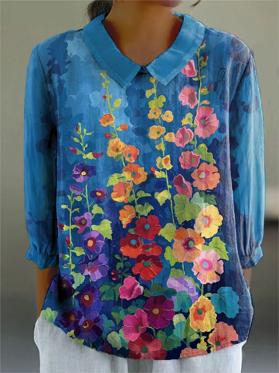Women's Flower Colors Floral Pattern Print Casual Cotton And Linen 3/4 Sleeve Shirt