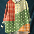 Women's Vintage Patchwork Pattern Art Print Casual Cotton And Linen Ruffle Shirt