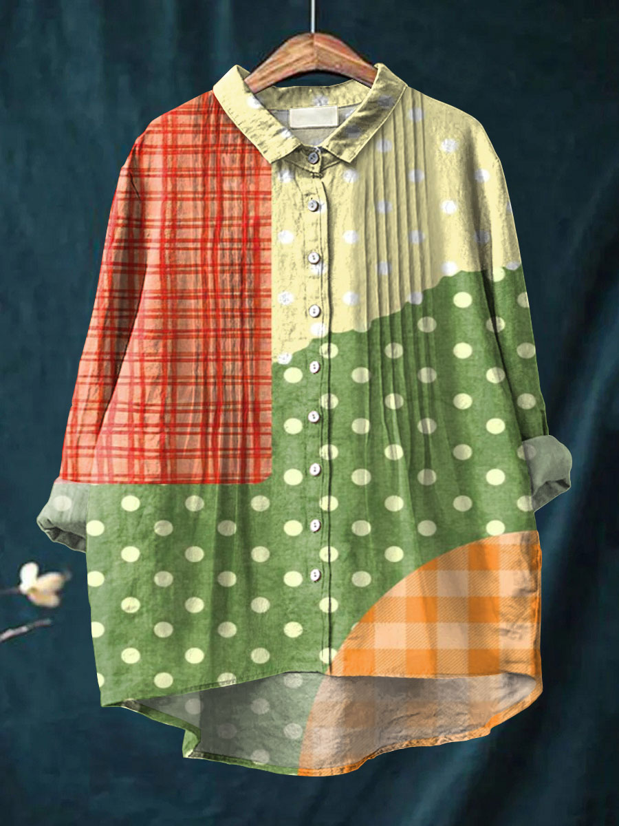 Women's Vintage Patchwork Pattern Art Print Casual Cotton And Linen Ruffle Shirt