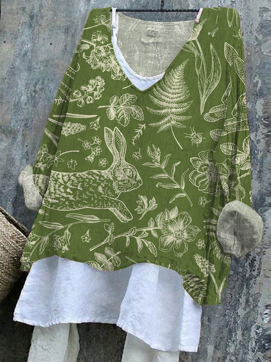 Women's   Easter Bunny Art Print Casual Cotton And Linen Shirt