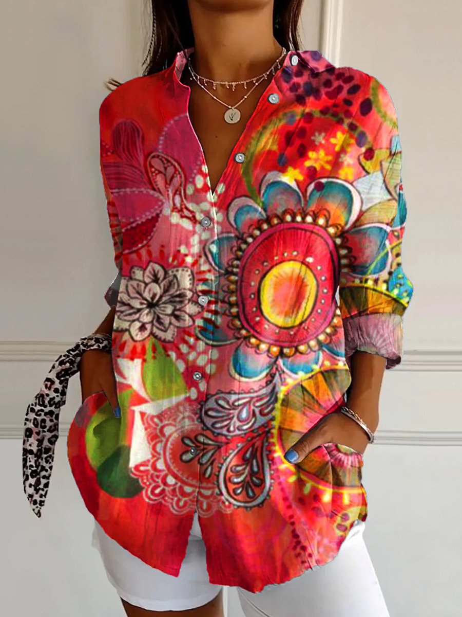 Women's  Flower  Art Print  Casual Cotton Shirt