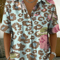Women's Vintage Leopard Print & Floral Art Print Cotton-linen Short-sleeve Shirt