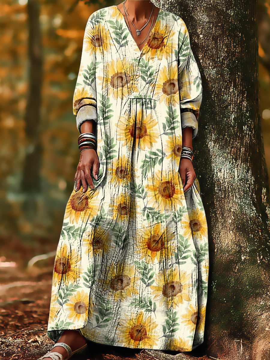 Women's Vintage Sunflower Floral Painting Art Print Dress