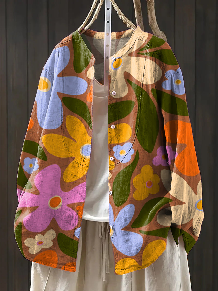 Women's Abstract Large Colorful Flower Painting Art Print Casual Cotton And Linen Shirt
