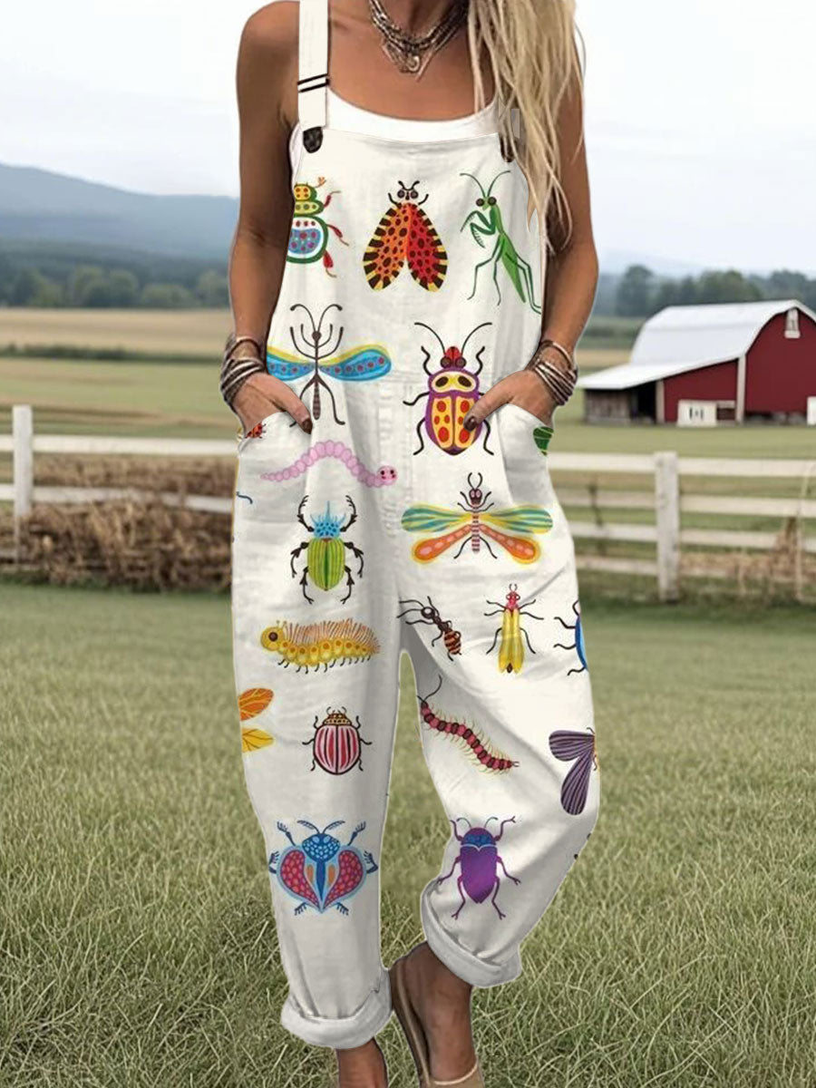 Women's  Vintage  Insect Museum Art Print Casual 100% Cotton Wide Leg Jumpsuit