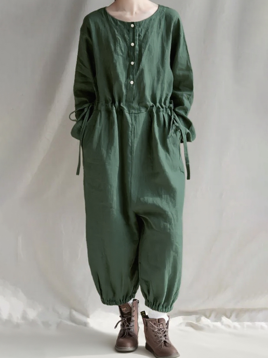 Women's Loose Waist Drawstring Organic Linen Jumpsuit