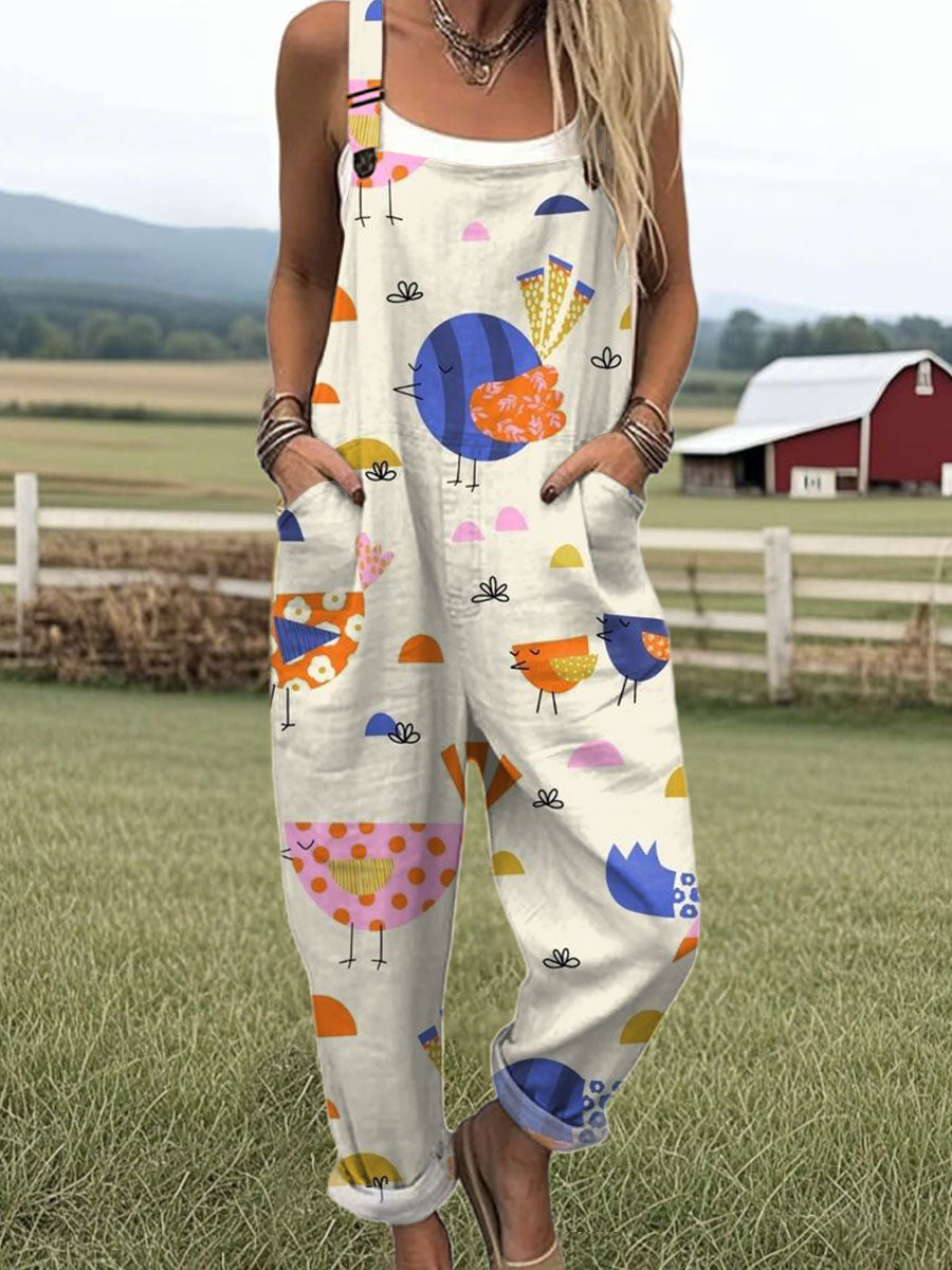 Women's  Vintage Chick Art Print Casual 100% Cotton Wide Leg Jumpsuit