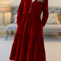 Women's Solid Color V-Neck Long Sleeve Velvet Casual A-Line Dress