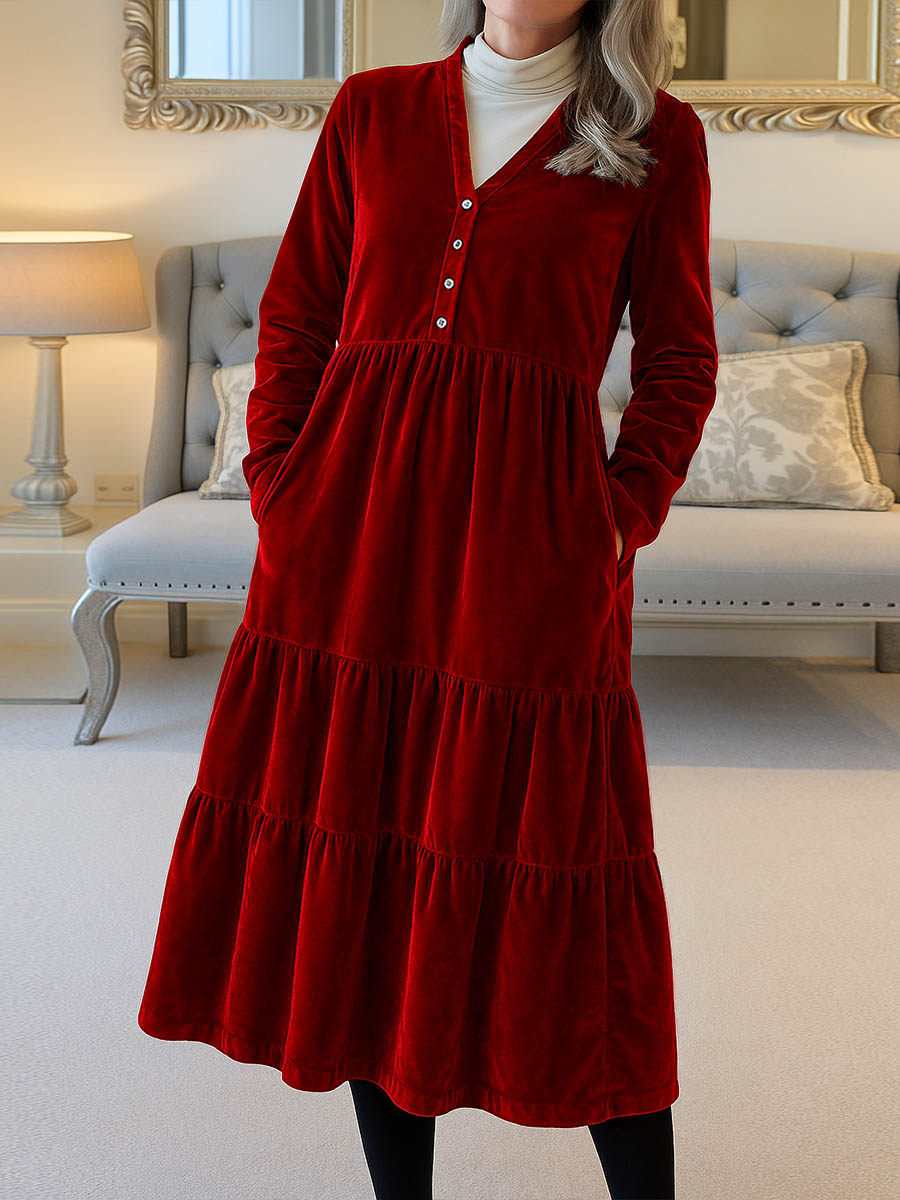 Women's Solid Color V-Neck Long Sleeve Velvet Casual A-Line Dress