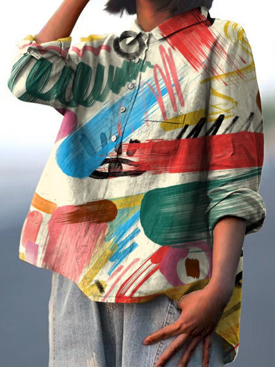 Women's Vintage Hand Painted Colorful Graffiti Print Casual Cotton And Linen Shirt