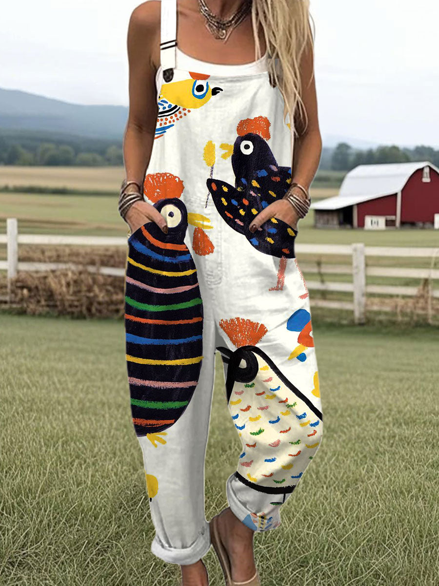 Women's  Happy Funny Rooster Art Print Casual 100% Cotton Wide Leg Jumpsuit