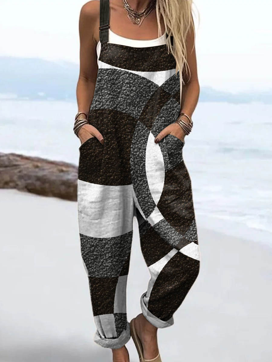 Women's Abstract Geometric Pattern Art Print Casual 100% Cotton Wide Leg Jumpsuit