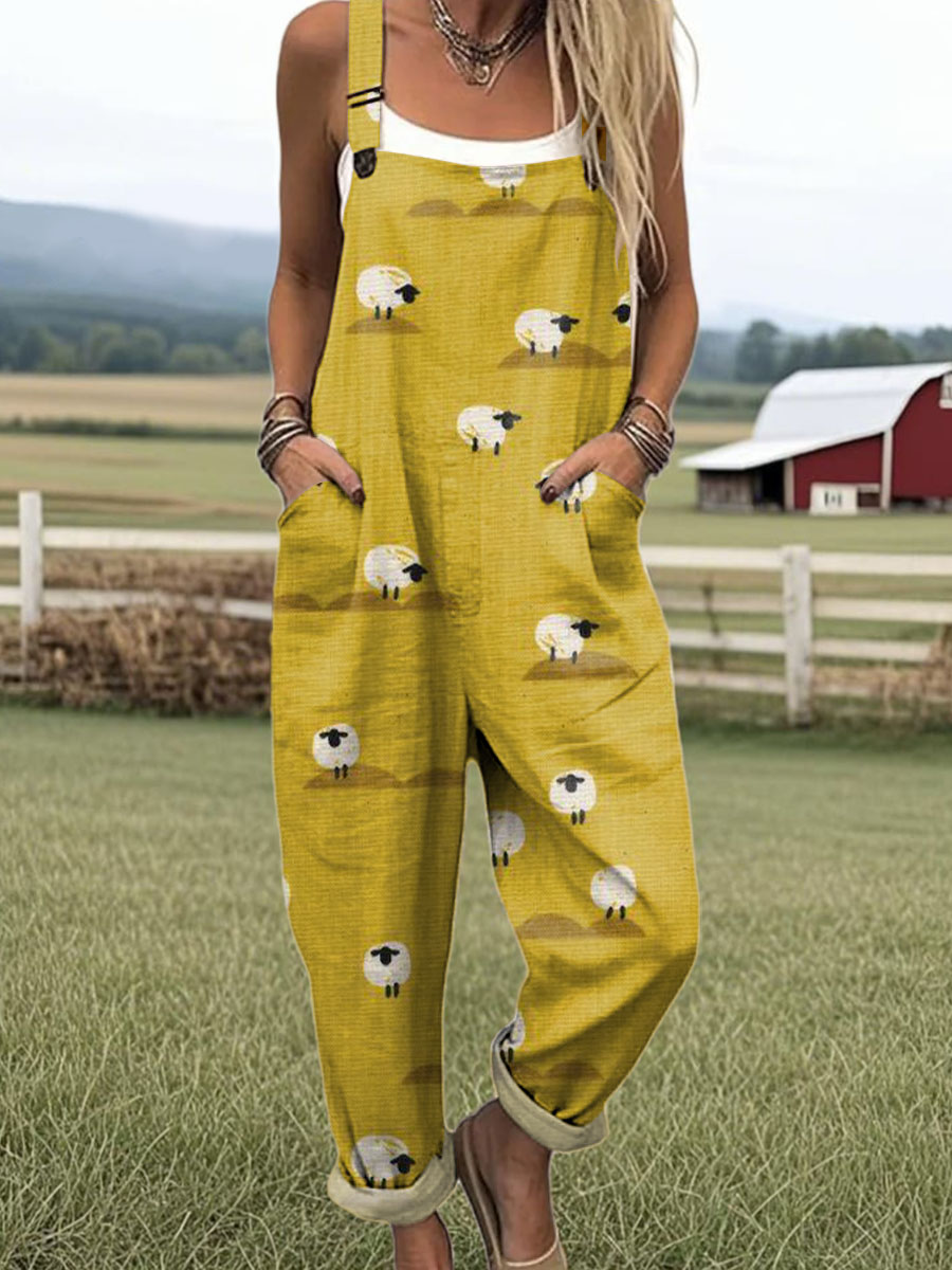 Women's Artistic Creative Lamb Print Casual 100% Cotton Wide Leg Jumpsuit