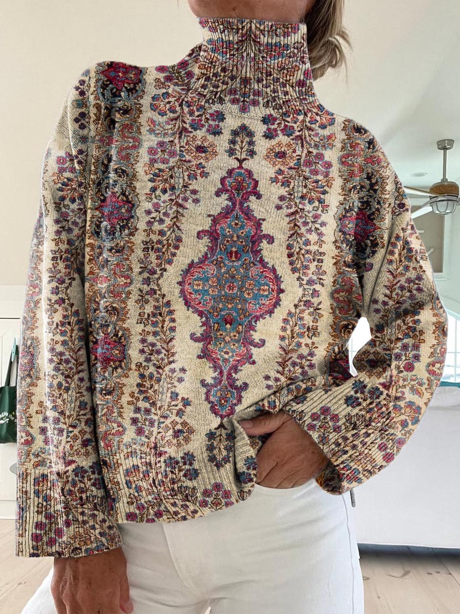Women's Vintage Ethnic Floral Pattern Art Print Knit Turtleneck Pullover Sweater