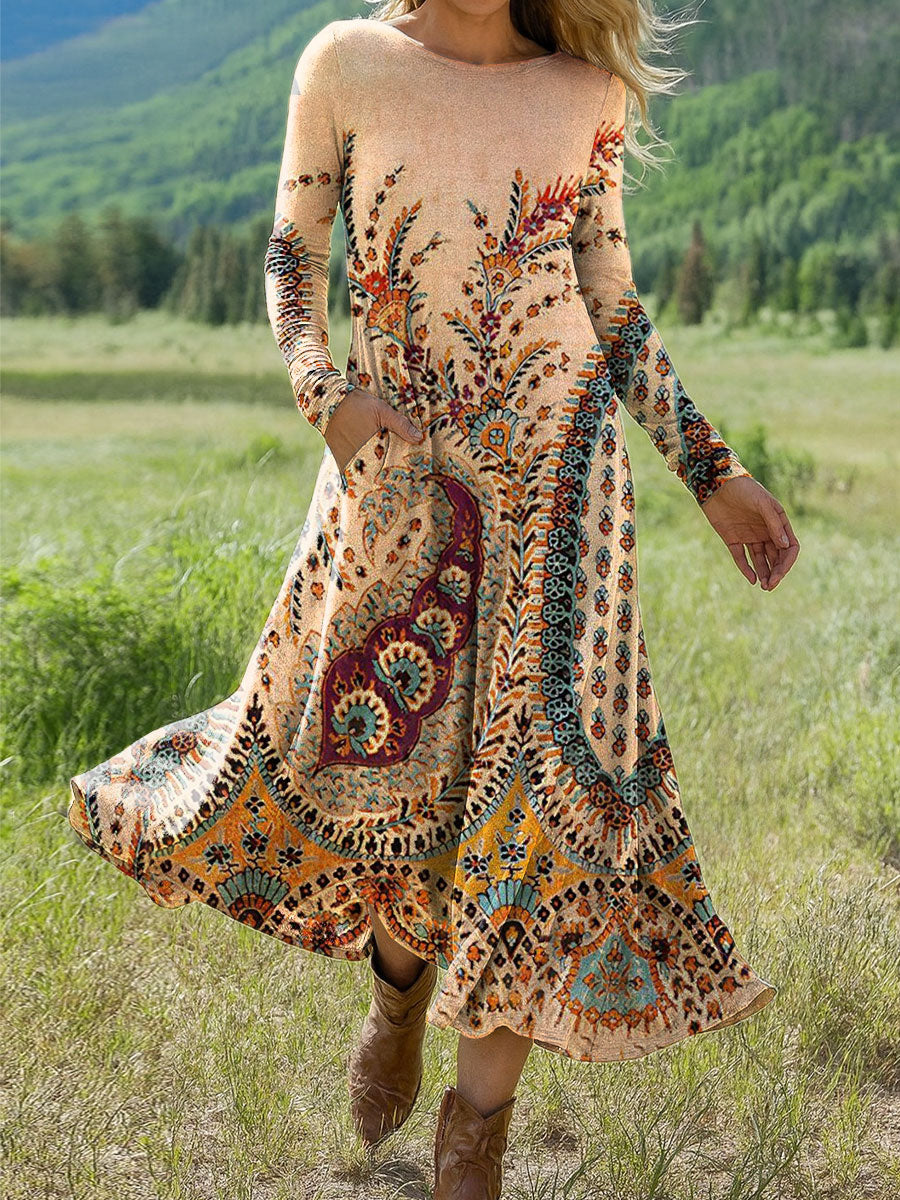 Women's Vintage  Cashew Flower Art Print Long-sleeved Dress