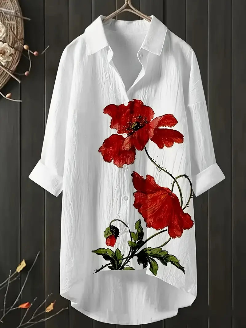 Women's Poppy Flower Floral Casual Shirt
