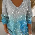 Women's Color Gradient Art Pattern Art V-neck Solid Color Loose Shiny Sweater
