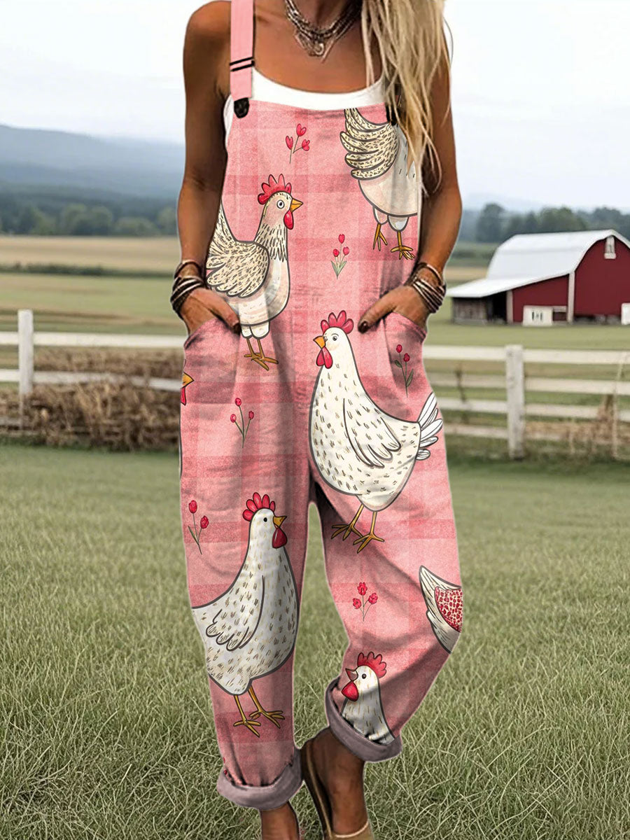 Women's Colorful Abstract Hen Art Print Casual Cotton Pocket Jumpsuit