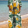 Women's Abstract Big Sunflower Flower Painting Art Print Pocket V-neck Cotton Dress