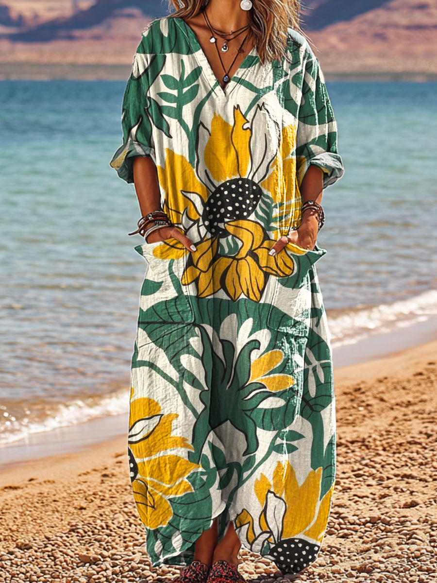 Women's Abstract Big Sunflower Flower Painting Art Print Pocket V-neck Cotton Dress