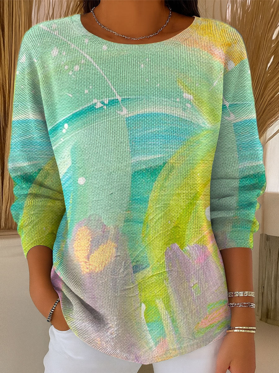 Women's Oil Painting Style Colorful Pattern Casual Pullover Sweater
