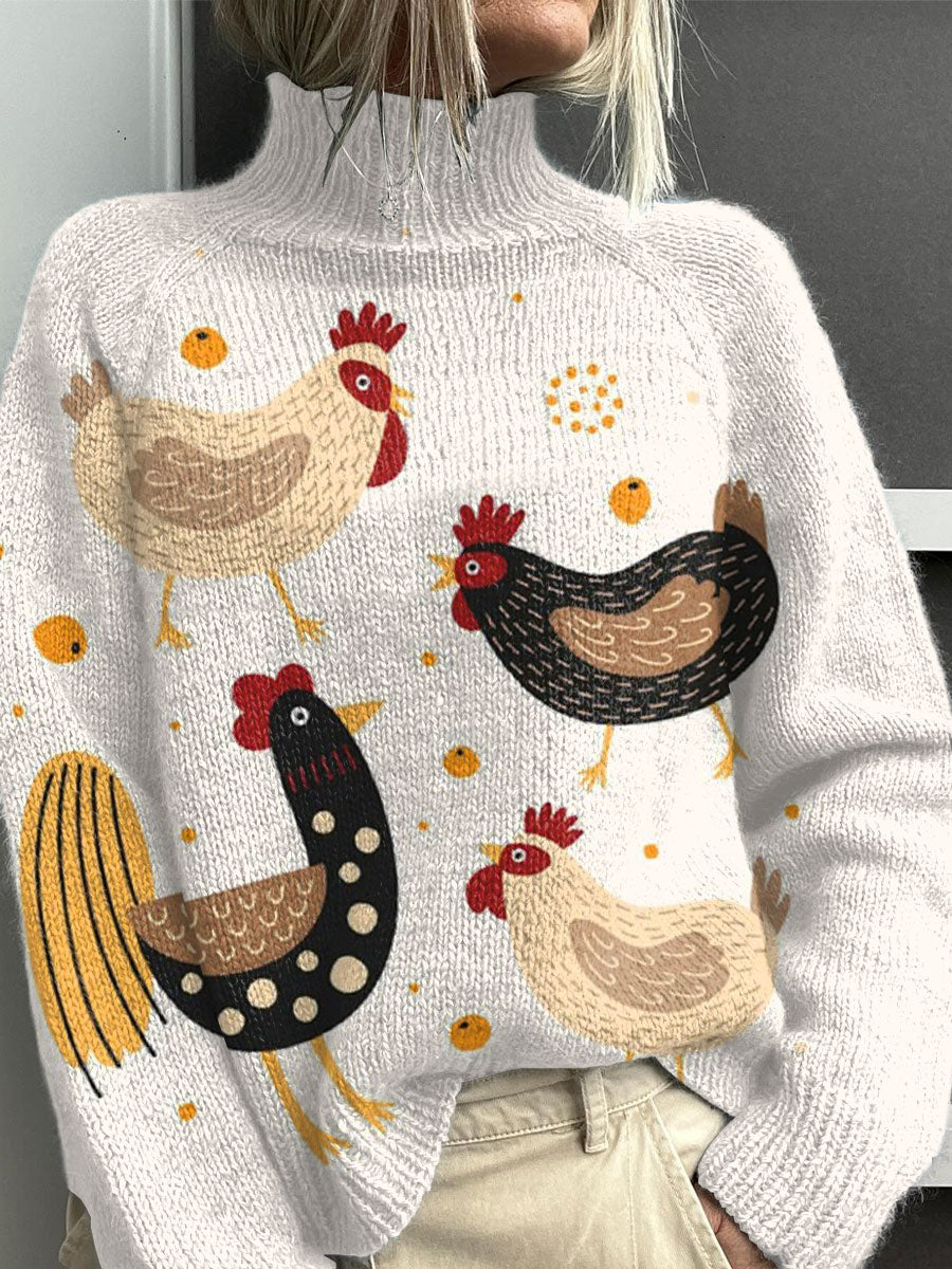 funny-chicken-art-print-knit-turtleneck-pullover-sweater