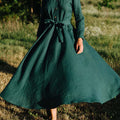 Women's Solid Color Lapel Long Sleeve Casual Loose Cotton and Linen Dress