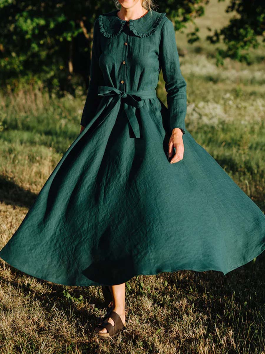 Women's Solid Color Lapel Long Sleeve Casual Loose Cotton and Linen Dress